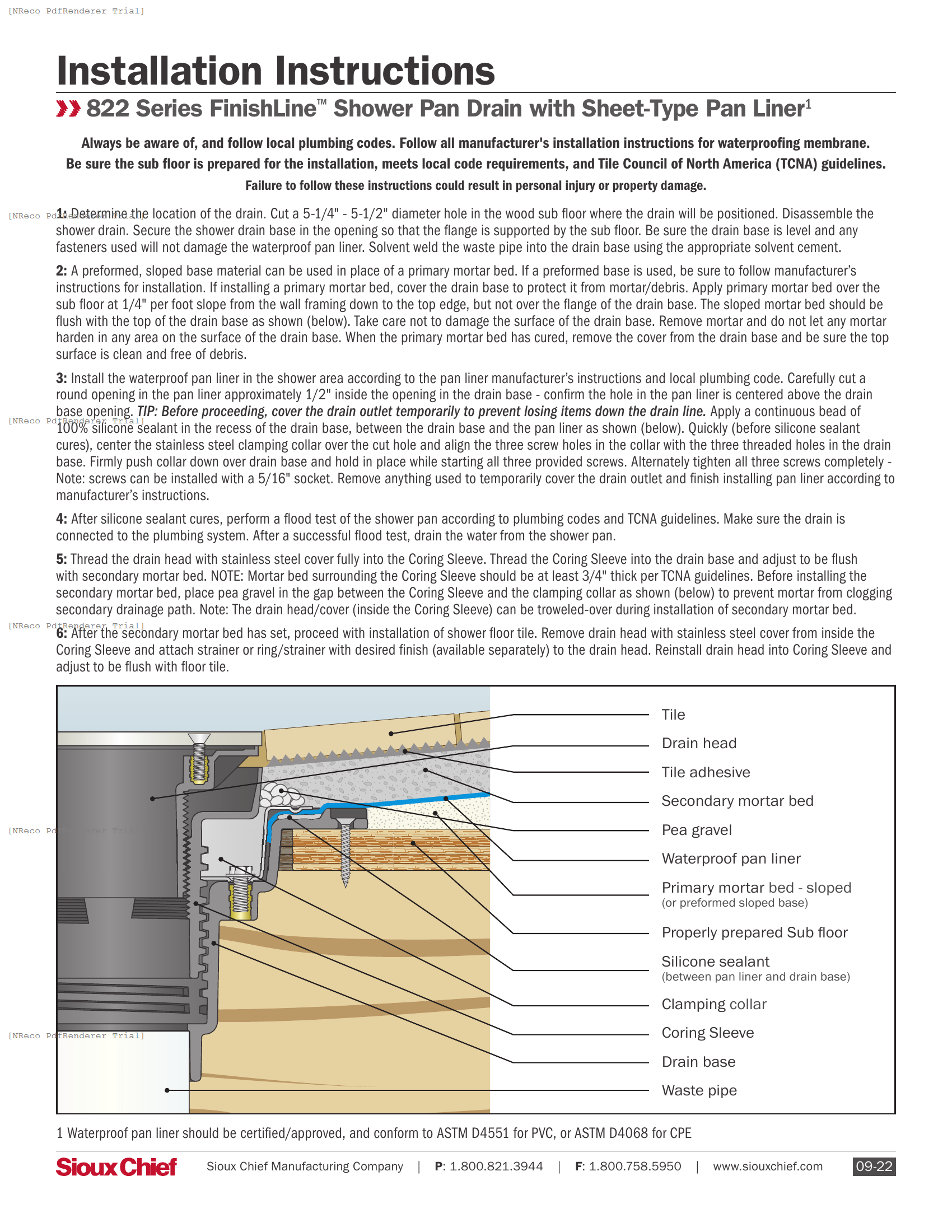 822 SERIES - FINISHLINE SHOWER PAN DRAIN WITH SHEET PAN LINER - INSTALLATION INSTRUCTIONS.PDF Technical Document